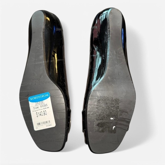 Stuart Weitzman Black Patent Leather Silver Buckle Peep-Toe Flats - Picture 8 of 9